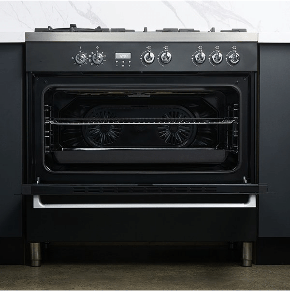 Omega OF910FX 90cm Freestanding Dual Fuel Stove open