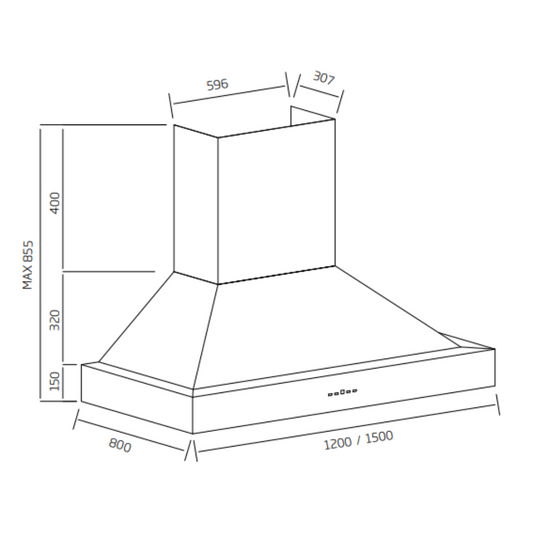Schweigen CL8915B 150cm BBQ Canopy Rangehood (Non-Silent) Dimensions