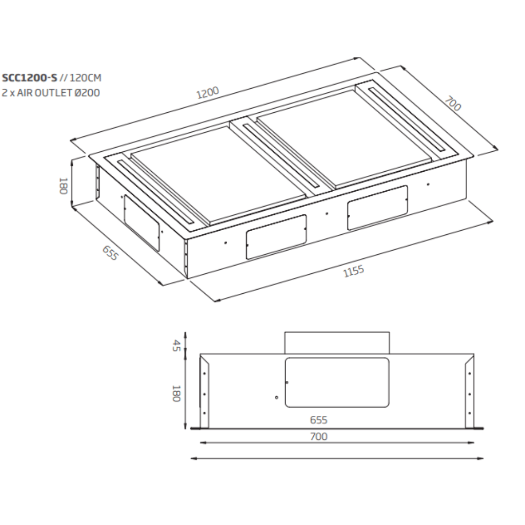 Schweigen SCC1200SE 120cm Ceiling Cassette Rangehood (Silent) Dimensions