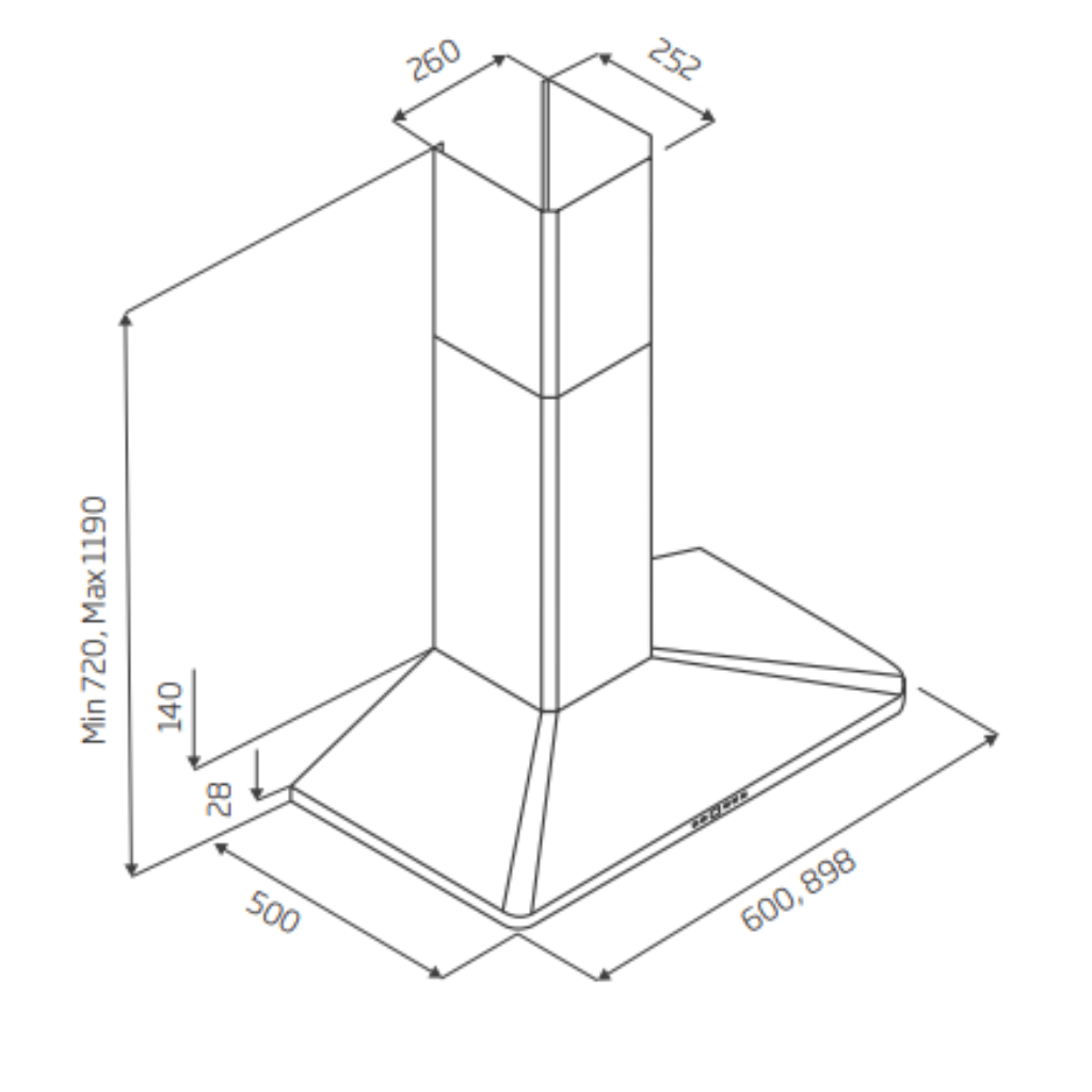 Schweigen WM2190-6ST 60cm Canopy Rangehood (Silent) Dimensions
